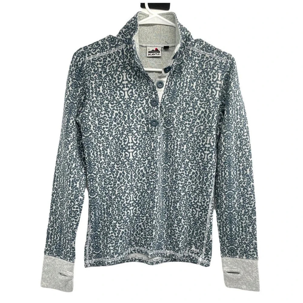 Kavu Women's Size S Lopez Long Sleeve Mock Neck Shirt Top Thumb Holes Button - Picture 2 of 11